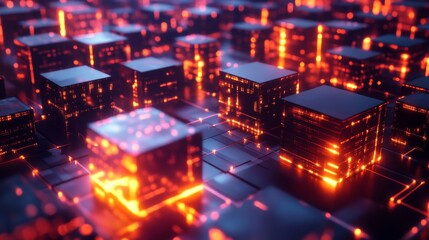 Poster - A futuristic 3D heatmap with glowing cubes representing data intensity, displayed over a grid surface, emphasizing high-tech analytics and information flow.