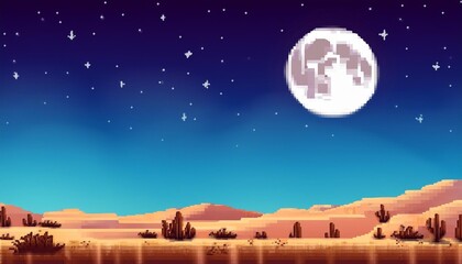 Wall Mural - pixel art desert scene with night sky and full moon for game background design