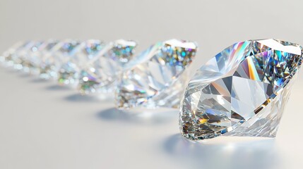 Fototapete - A row of shimmering diamonds lined up neatly on a pure white background, their facets catching and refracting light in every direction.