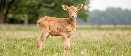  A baby deer poses in a field, surrounded by tall grasses, with trees in the backdrop