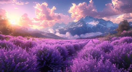 Purple Lavender Fields with Mountain Range Backdrop