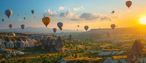 Wall Mural - a serene scene hot air balloons float against a stunning backdrop of tree-covered landscapes and roc