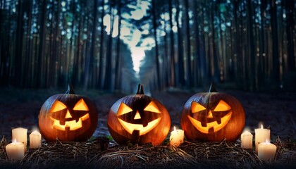 happy halloween banner jack o lantern pumpkins in a terrifying forest at night with lighted candles