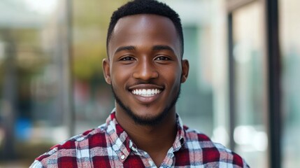 Smiling Young Man in Red Plaid Shirt