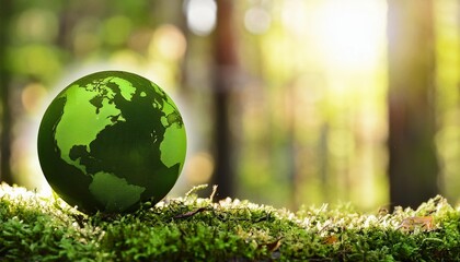 earth day environment green globe in forest with moss and defocused abstract sunlight