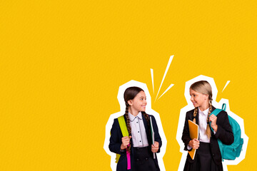 Sticker - Composite photo collage of two happy girls classmates hold backpack notepad school supplies education isolated on painted background