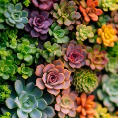 Artistic vertical garden wall with multicolored succulents, including rosettes and spiky forms, arranged in a harmonious gradient, set against a concrete surface