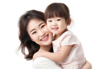 Poster - Asian toddler daughter hugging happy mother cheerful portrait family.