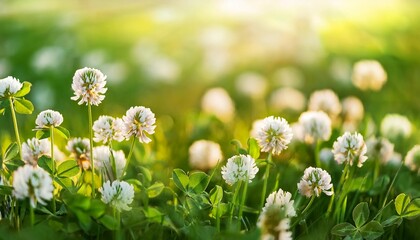 Wall Mural - wild clover flowering plant on green grass background white clover blooming in the spring field