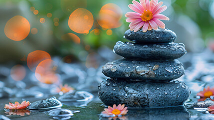 Zen garden spa relaxation balanced stones flower tranquility meditation peaceful harmony nature