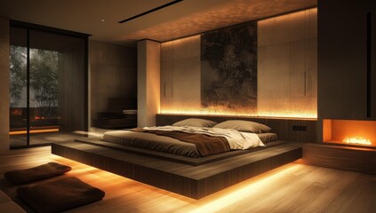 Poster - Modern bedroom with a fireplace and warm lighting.