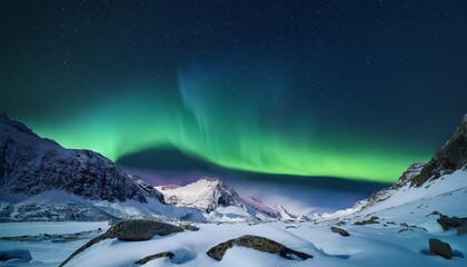 Canvas Print - aurora borealis above the snow covered mountain range in europe northern lights in winter night landscape with green polar lights and snowy mountains starry sky with aurora over the rocks space