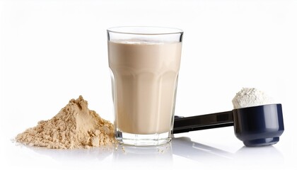 delicious protein shake in glass and scoop with powder isolated on white