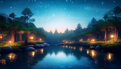 Poster - enchanted forest at dusk with glowing lights reflecting on serene river perfect for fantasy game design