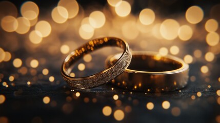 Elegant close-up of two gold wedding rings, one adorned with diamonds, set against a soft, bokeh-light background.