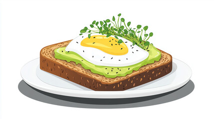 Avocado toast on a plate topped with a poached egg and microgreens