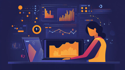 Wall Mural - Individual utilizing a laptop for productivity improvement, virtual interface showing productivity metrics and growth indicators