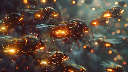 A mesmerizing scene showing multiple nanobots working together in a coordinated swarm, mimicking the behavior of insects, with glowing patterns and intricate movements