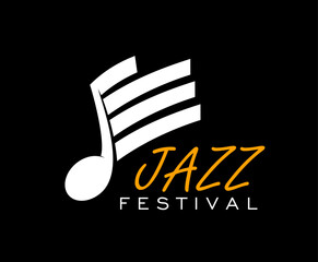 Wall Mural - Jazz music icon, vector label for instrumental festival performance. Stylish emblem for the night jazz concert, featuring stylized musical note, orange and white typography on black background