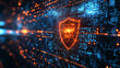 © nuupucca - Cybersecurity shield with glowing orange data streams in digital environment