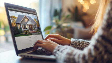 laptop on a table with a house hunting website open, closeup of a woman hands browsing and selecting