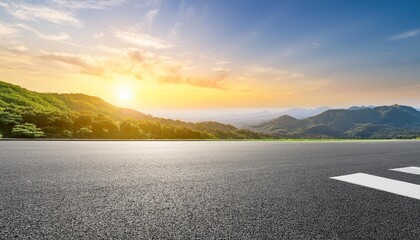 Poster - asphalt road square and green mountain with sky clouds natural landscape at sunrise