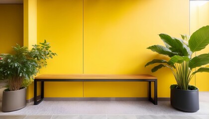 bright hallway with yellow walls a modern bench and green plants