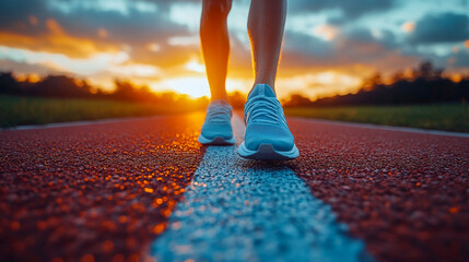 Runner races towards the setting sun on a track, symbolizing commitment to fitness and reaching objectives