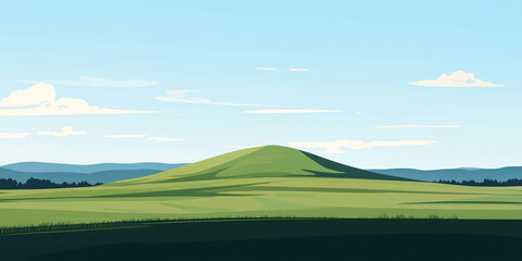 Wall Mural - Low hill is the only elevation in a broad, empty field stretching towards the horizon, flat illustration