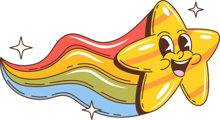 Leinwandbilder - Retro groovy space star character with rainbow tail flying in space, cartoon vector. Funny comic groovy galaxy star with funky face and happy smile with twinkle shine of rainbow for love emoji