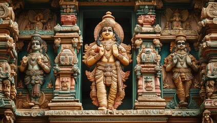 Ornate temple facade with deity sculptures.