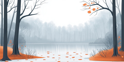 Wall Mural - Fall landscape featuring bare trees, fallen leaves, and a foggy lake surrounded by dense forests, flat illustration