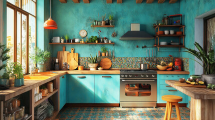 Photo-realistic depiction of a minimalist bohemian kitchen, with natural elements and vibrant colors