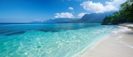  A clear blue beach with mountains distantly concealed by clouds