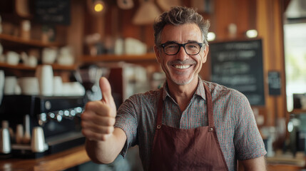 Poster - Portrait of a middle aged man, small business owner, smiling confidently and showing thumbs up at his coffee shop