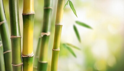 close up of green and light yellow bamboos in soft tones background with bamboos in soft dreamy tones with copy space