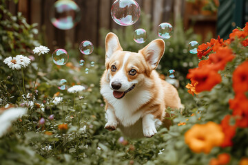 Wall Mural - Happy Corgi dog running through a garden filled with flowers and soap bubbles. The dog appears joyful, surrounded by colorful blooms and bubbles, capturing a moment of playful joy.