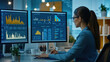 © Chatchanan - Professional Data Analyst analyzing Data Analytics KPI trends, surrounded by a modern office setup with interactive displays