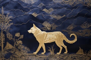 Poster - Wolf in navy and gold color animal mammal art.