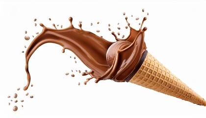 Wall Mural - chocolate ice cream in the waffle cone with splash isolated on white background