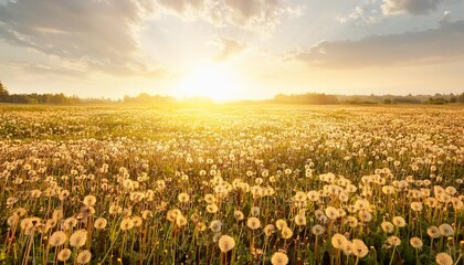 Canvas Print - golden sea of dandelions stretching towards a bright horizon