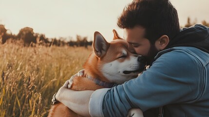 A man and his dog share a loving embrace in a field of tall grass.