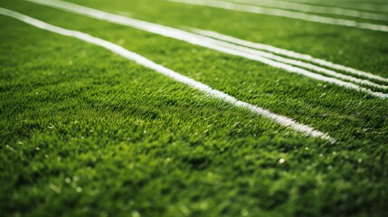 Vibrant green synthetic grass sports field with crisp white line marking, ideal for soccer, football, or athletic training, capturing the texture and detail of artificial turf for sports facility adve