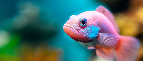 Canvas Print -  A tight shot of a pink-blue fish against a vaguely defined background, dominated by blue and yellow hues