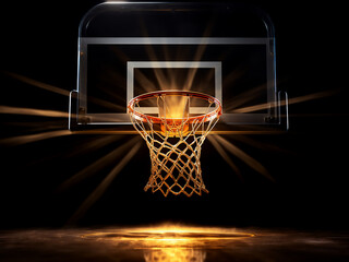 Wall Mural - Basketball teetering on rim, spotlight on dark background, 3D render