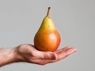 Poster - A hand holding a vibrant pear against a neutral backdrop