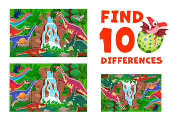 Wall Mural - Find ten differences between cartoon prehistoric dinosaurs, kids game worksheet. Vector educational children riddle, leisure activity with different dino species in a Jurassic era waterfall scene