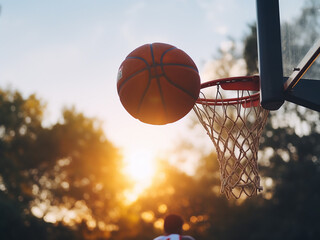 Wall Mural - Basketball entering the hoop on an outdoor playing field