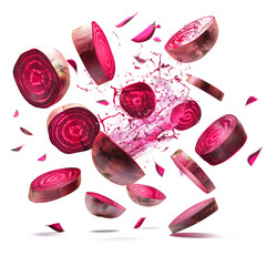 Sticker - Floating beetroot in air, slices, with whole beetroot on white background