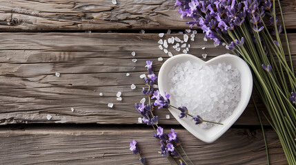 Poster - Heart-shaped bowl with sea salt and fresh lavender flowers on a wooden background